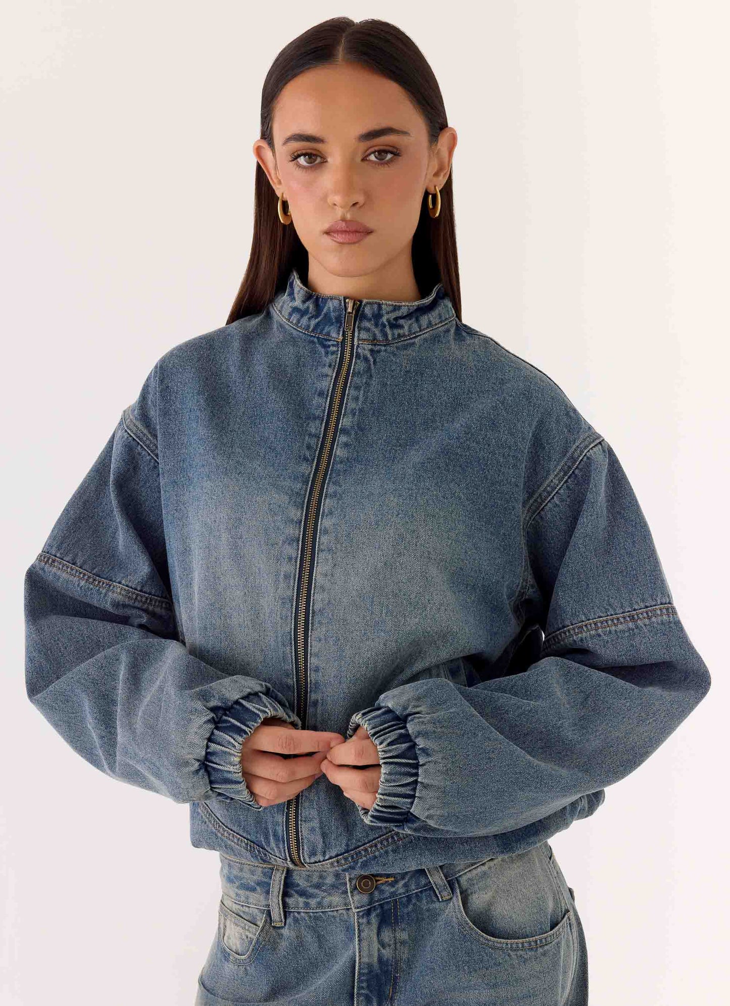 Waylon Denim Bomber Jacket - Mid Wash Blue